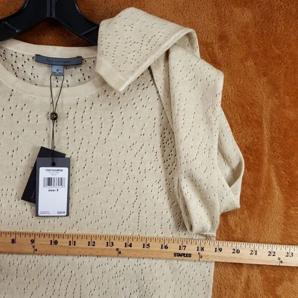 JOHN VARVATOS Mens Sweater Small Tan Pullover Crew CAMDEN Mesh Stitch Sheer $228
